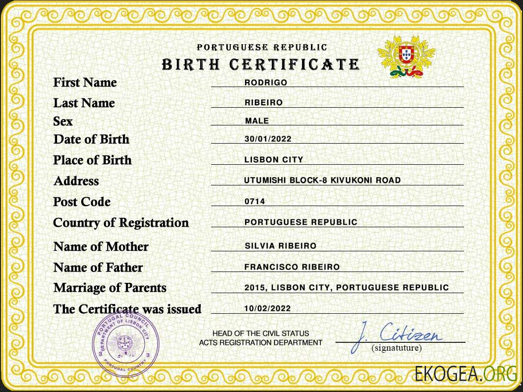Modèle PSD de certificat de naissance de l'état civil du Portugal